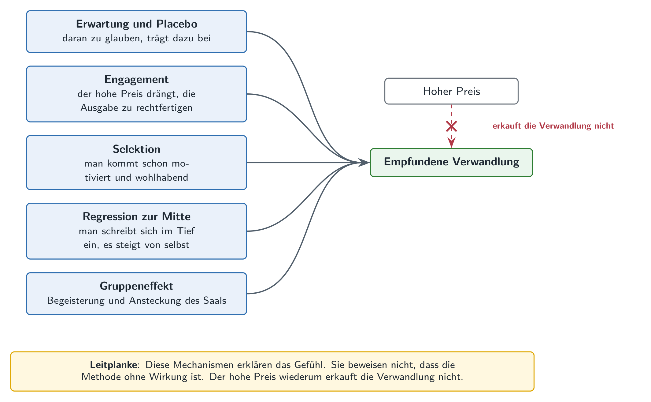 Mehrere Motoren der nach einem Premium-Seminar empfundenen Verwandlung: Erwartungen und Placebo, Engagement, Selektion, Regression zur Mitte, Gruppeneffekt. Sie laufen auf die Wirkung zu; der hohe Preis ist nicht ihre Ursache.