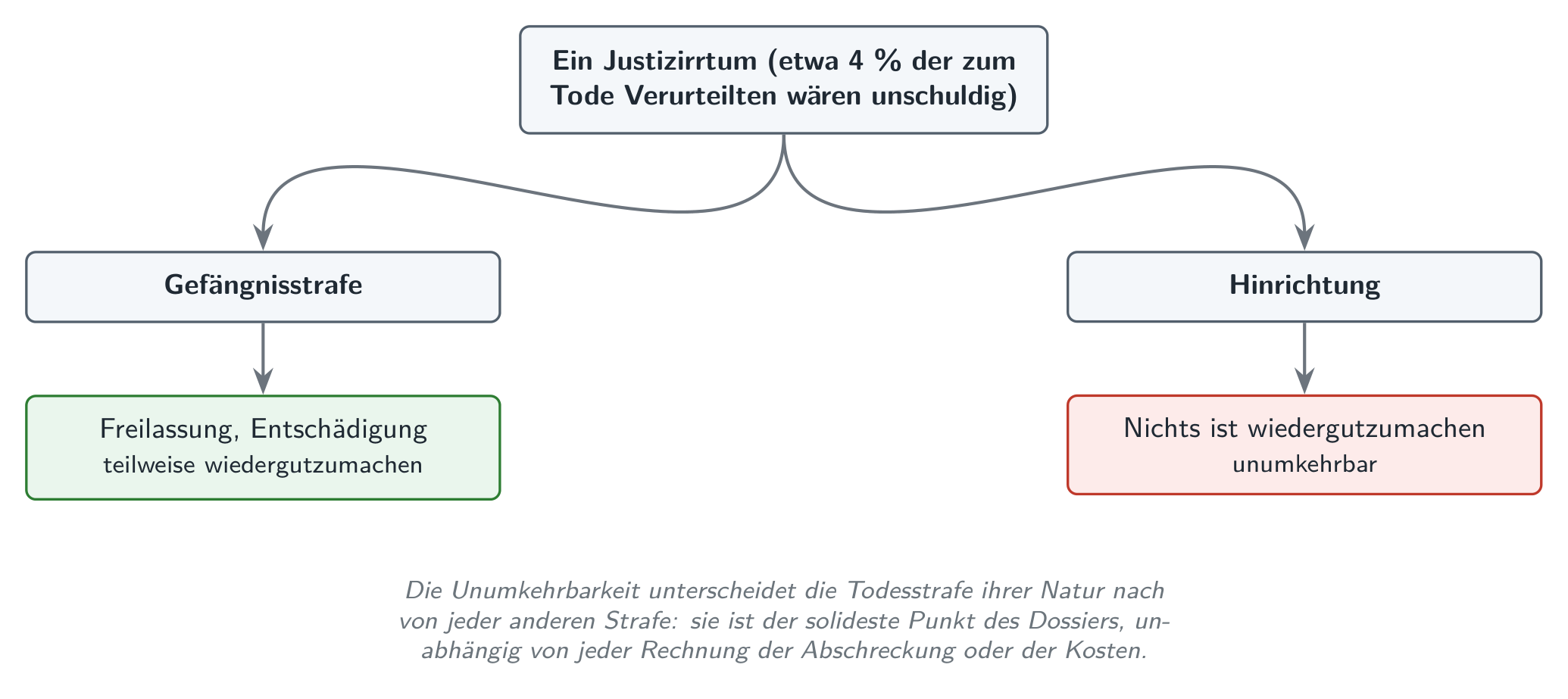 Die Asymmetrie des Irrtums: eine zu Unrecht ergangene Verurteilung wird teilweise wiedergutgemacht, solange ein Leben bleibt, das man freilassen und entschädigen kann; eine Hinrichtung nicht. Es ist der solideste Punkt des Dossiers.