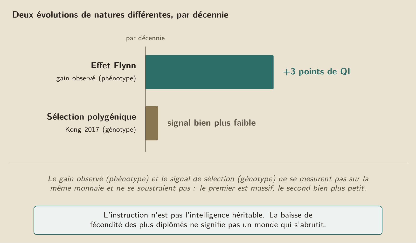 Deux évolutions de natures différentes : le gain de l’effet Flynn se compte en points de QI par décennie sur les scores observés, quand le signal de sélection génotypique estimé reste bien plus petit. Mesurant l’une le phénotype et l’autre le génotype, elles ne se soustraient pas l’une à l’autre.