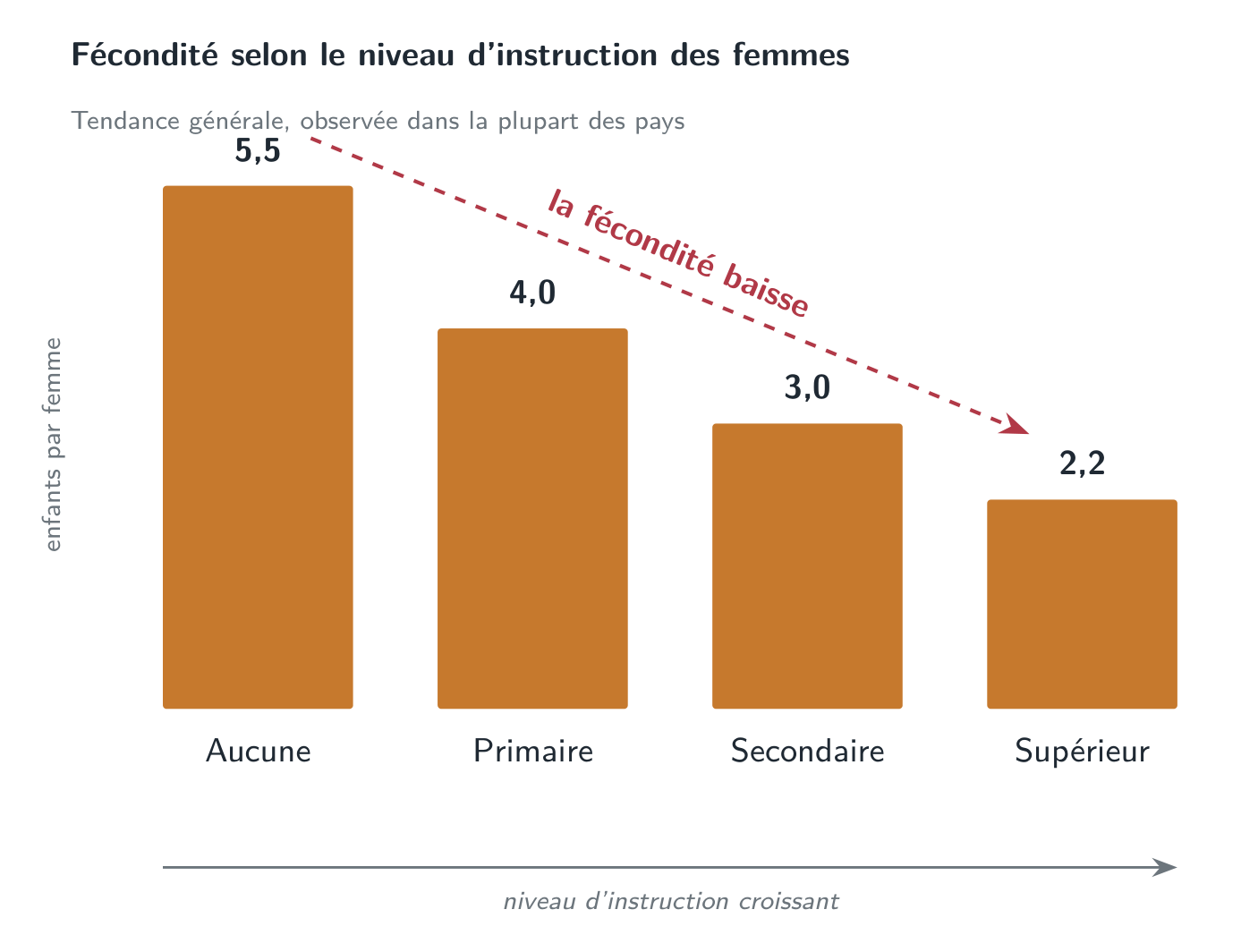 Le gradient éducation-fécondité : à mesure que l’instruction des femmes s’élève, la fécondité recule, une régularité retrouvée dans la plupart des pays.