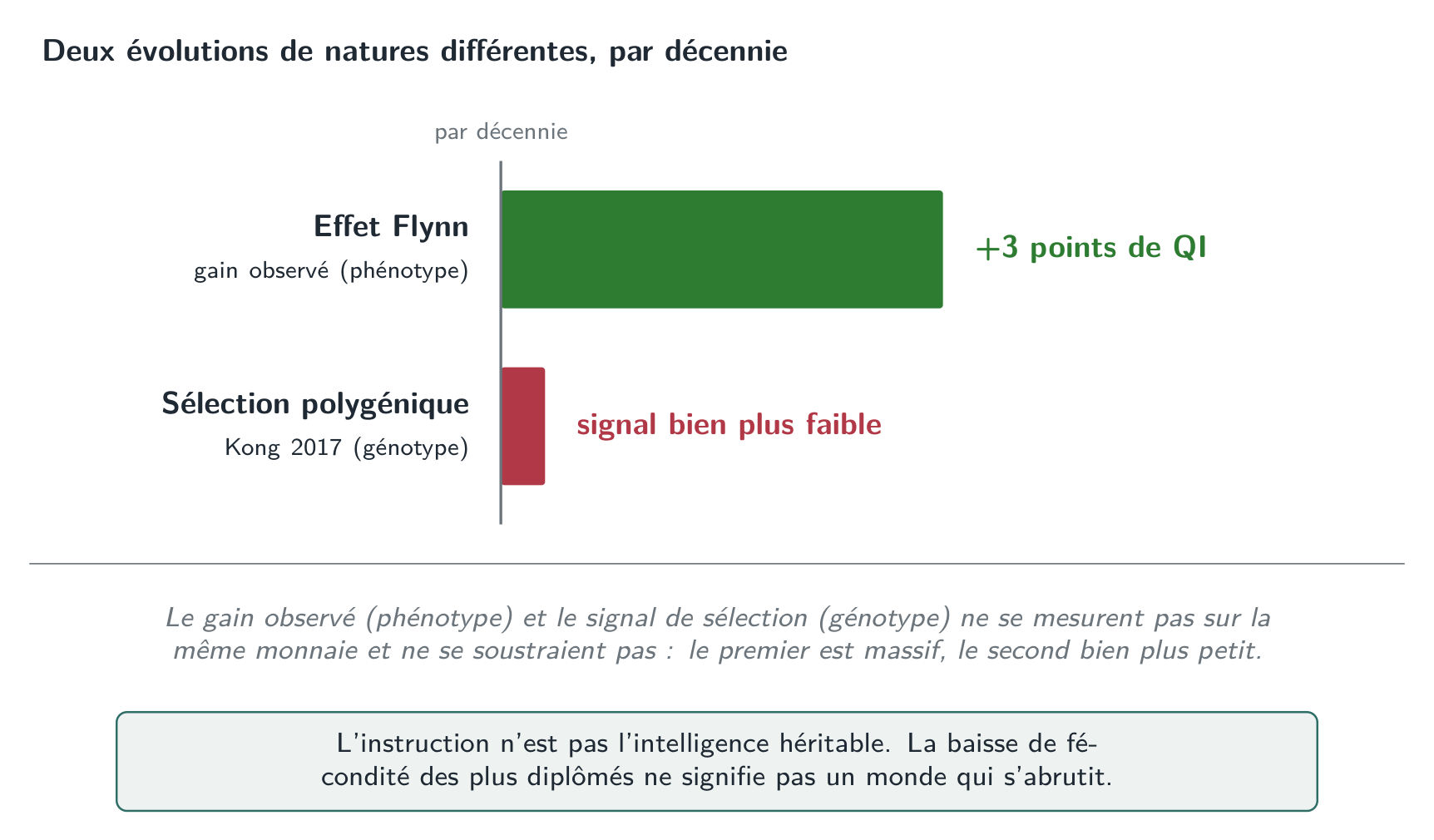 Deux évolutions de natures différentes : le gain de l’effet Flynn se compte en points de QI par décennie sur les scores observés, quand le signal de sélection génotypique estimé reste bien plus petit. Mesurant l’une le phénotype et l’autre le génotype, elles ne se soustraient pas l’une à l’autre.