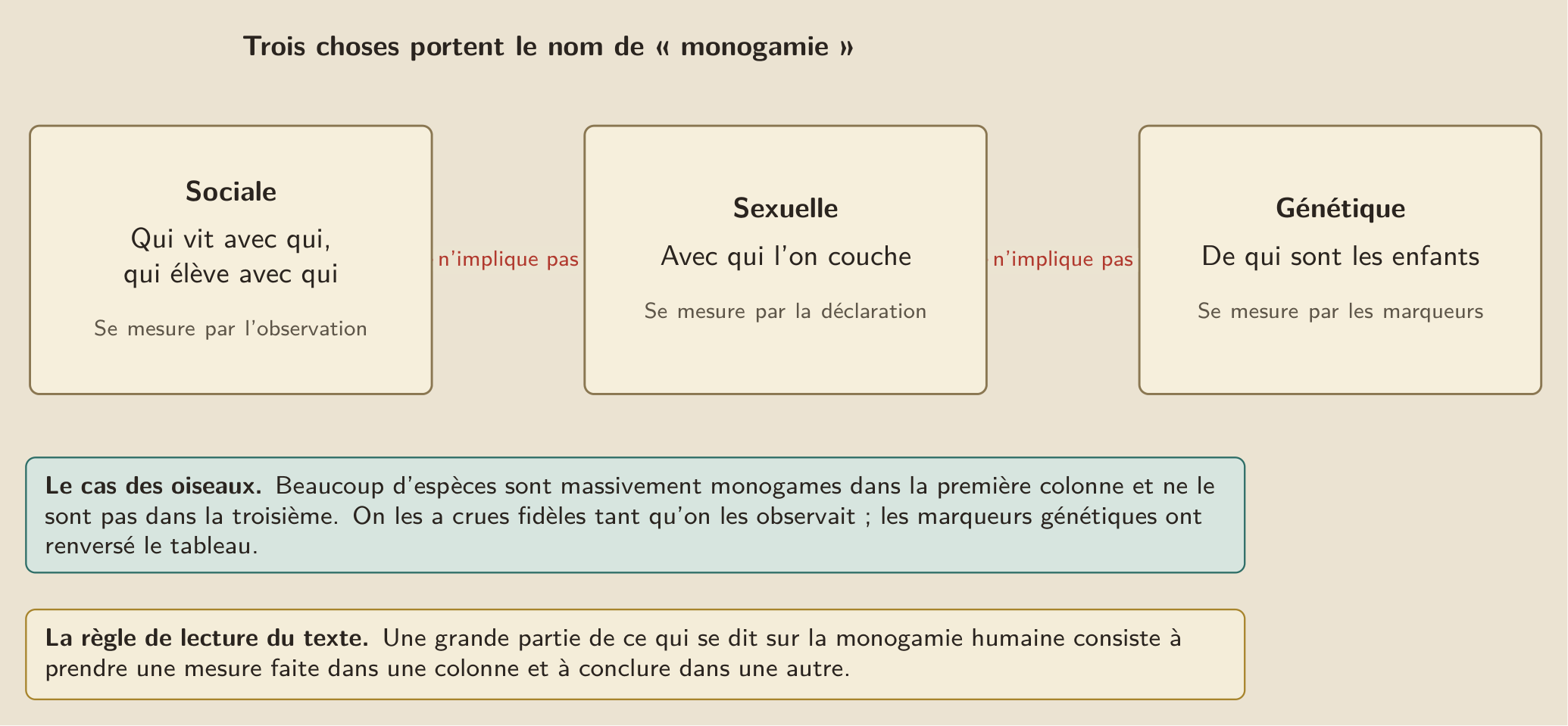 Trois propriétés distinctes portent le nom de monogamie, et aucune n’entraîne la suivante.